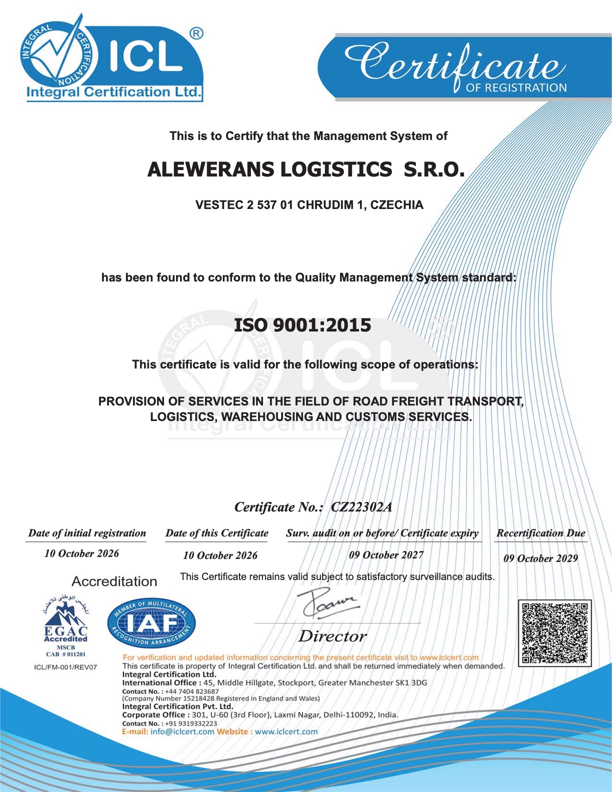 Accredited ISO 9001:2015 certificate of Alewerans Logistics issued by Integral Certification Ltd.