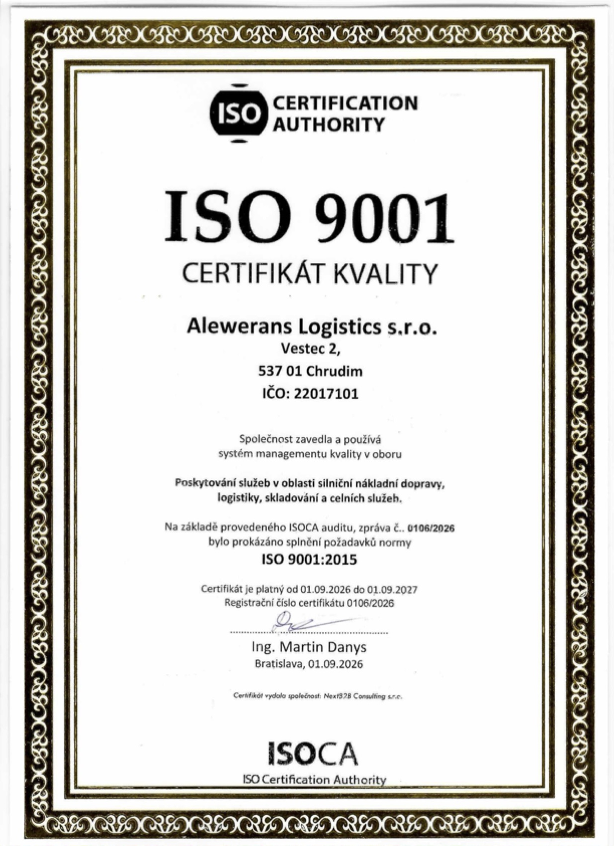 Certifikát kvality ISO 9001:2015 společnosti Alewerans Logistics